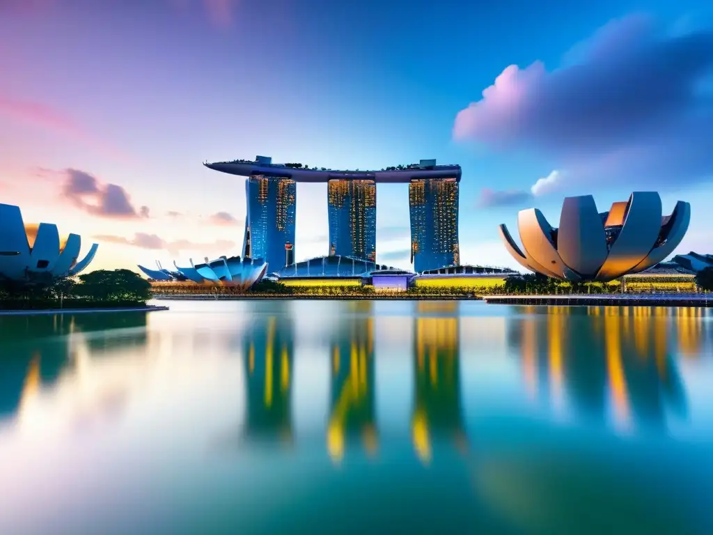Horizonte de Singapur al atardecer: luces y serenidad Vibrante skyline de Singapur al atardecer, reflejando la inversión inmobiliaria en Sudeste Asiático