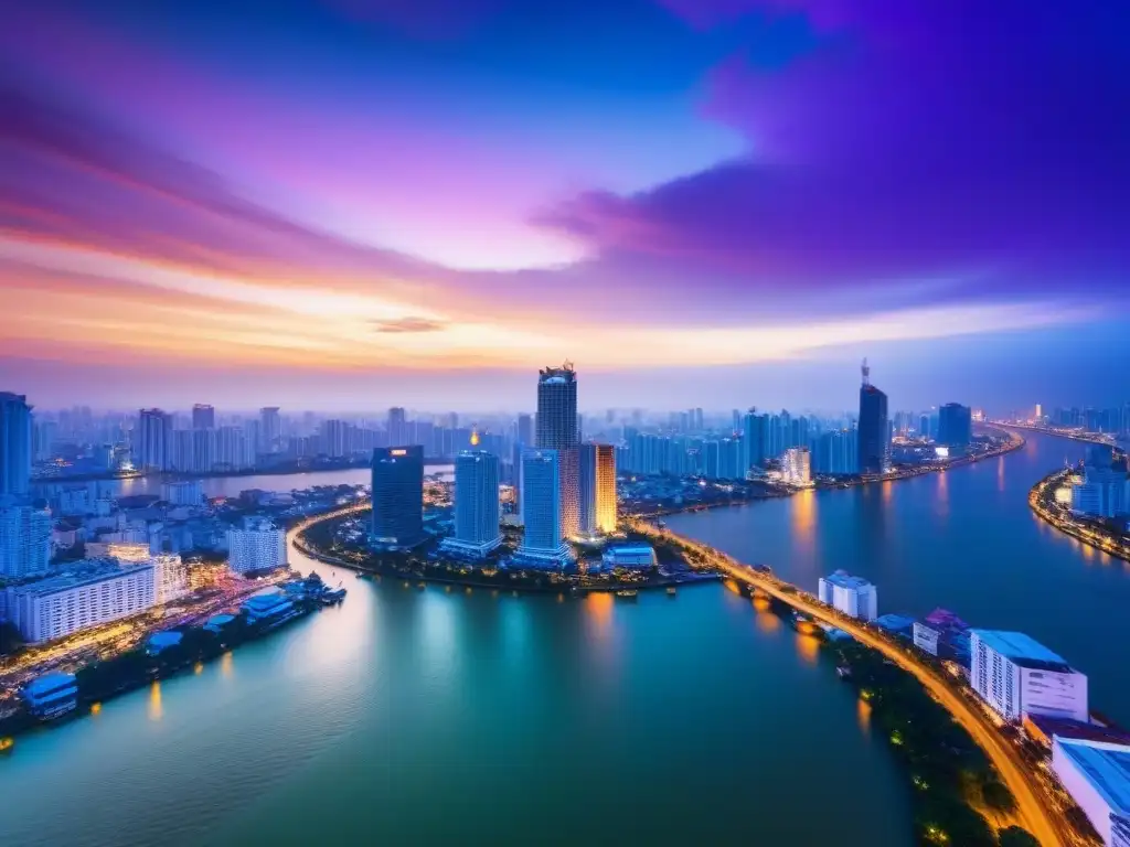 Atardecer mágico: Skyline de Bangkok al alcance de tu vista Vibrante skyline de Bangkok al atardecer, con el río Chao Phraya y modernos rascacielos iluminados por el sol poniente