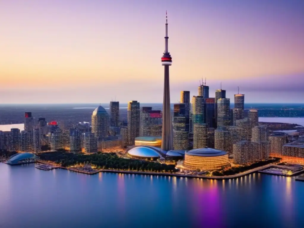 Espectacular atardecer en Toronto: CN Tower y modernos rascacielos Vibrante skyline de Toronto al atardecer con la CN Tower destacando entre rascacielos