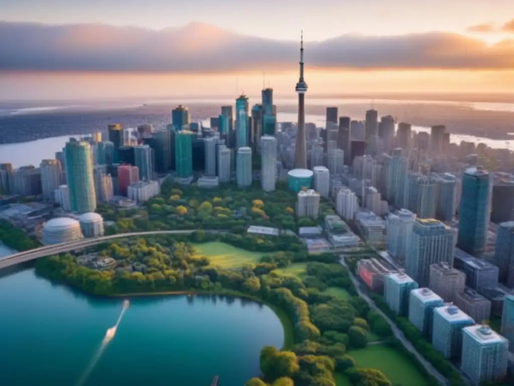 Espectacular skyline de Toronto al atardecer Vibrante skyline de Toronto al atardecer con reflejos dorados en los rascacielos y el lago Ontario, ideal para inversión inmobiliaria en Canadá