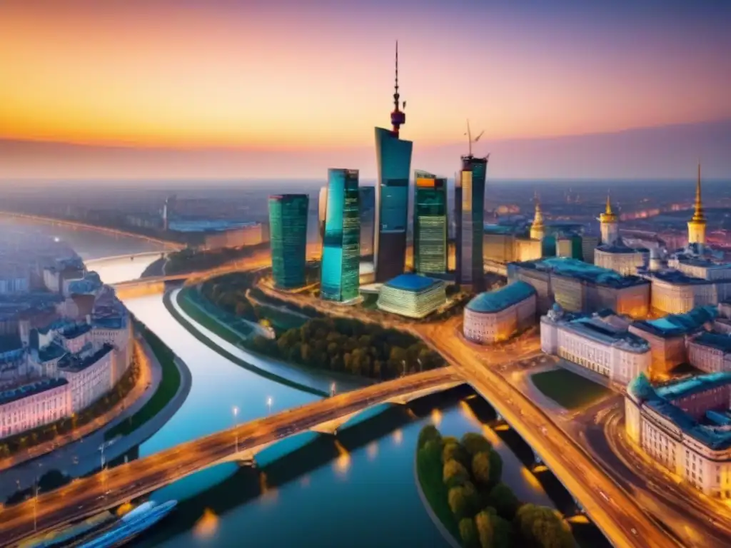 Espléndido atardecer en Varsovia: Skyline moderno iluminado por el sol dorado Vibrante skyline de Varsovia al atardecer, reflejando tradición e innovación