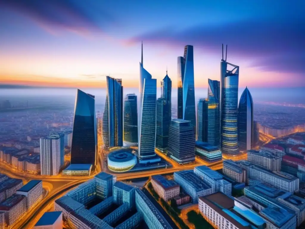 Esplendor urbano en Europa del Este: paisaje moderno y vibrante Vibrante skyline en Europa del Este, reflejando un boom inmobiliario con rascacielos modernos y arquitectura tradicional fusionada