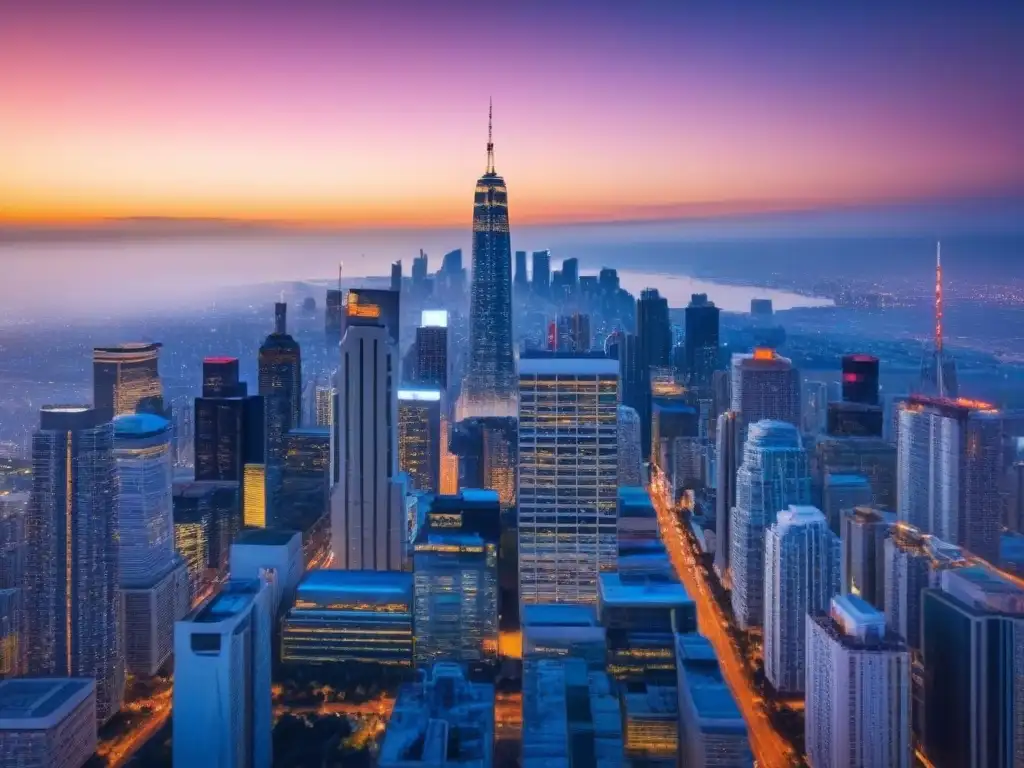 Inversiones internacionales: skyline moderno y legalidades Vibrante skyline de ciudad con arquitectura futurista, reflejo de inversiones tiempo compartido internacional