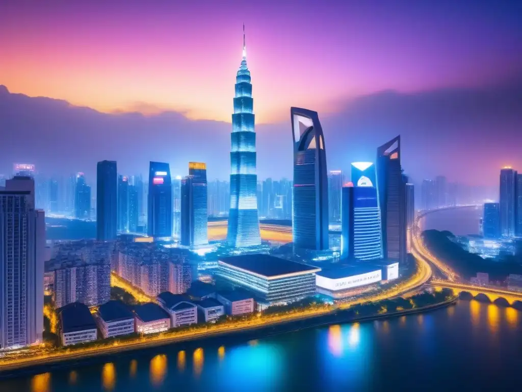 Horizonte nocturno de ciudad asiática: luces y arquitectura moderna Vibrante skyline de ciudad asiática de noche, reflejando río, luces y arquitectura moderna