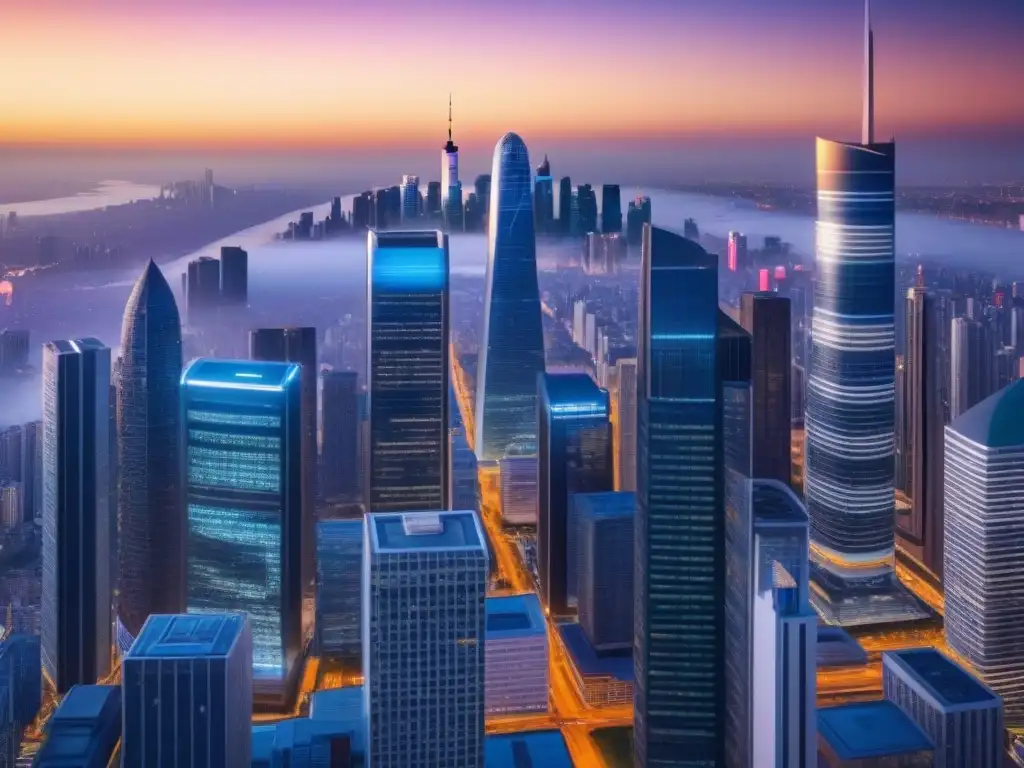 Skyline urbano: potencial inmobiliario global 2023 Vibrante skyline de ciudad al atardecer en resolución 8k, simbolizando el potencial de mercados inmobiliarios internacionales emergentes 2023