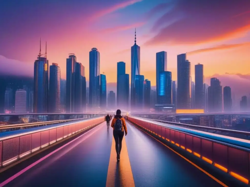 Horizonte urbano futurista al atardecer Vibrante skyline de ciudad al atardecer, con rascacielos modernos y gente diversa