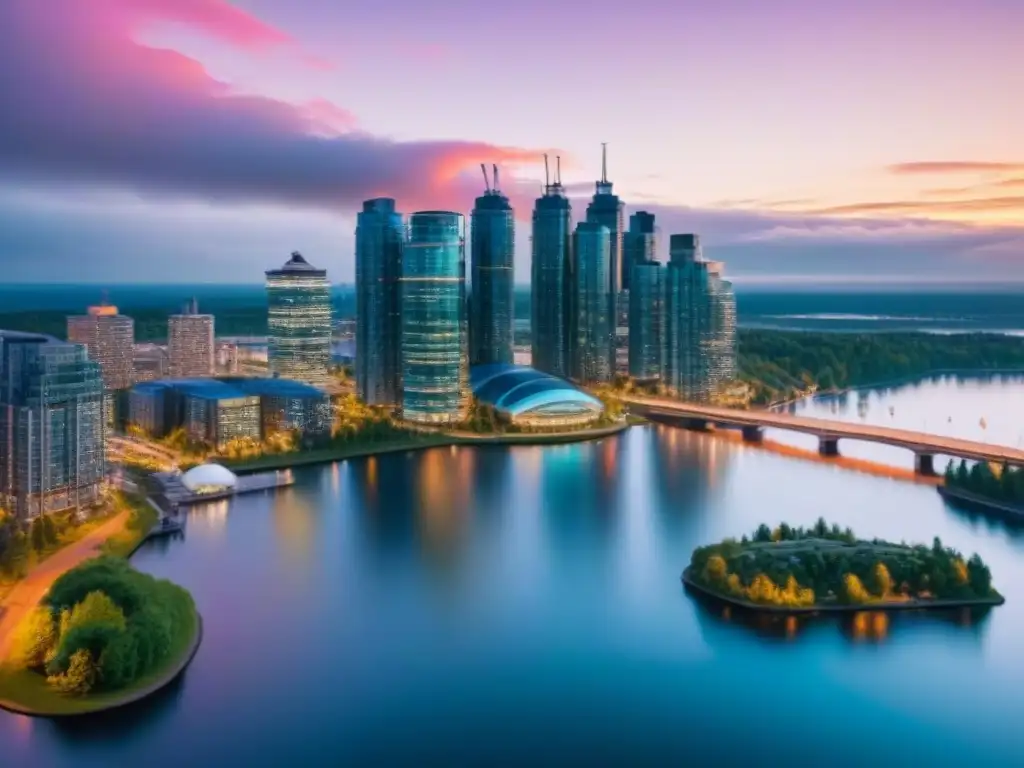 Horizonte moderno de ciudad canadiense sostenible al atardecer Vibrante skyline de ciudad canadiense al atardecer, con rascacielos iluminados con luces LED