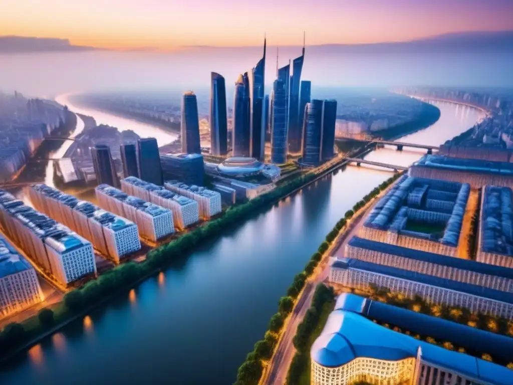 Horizonte futurista de ciudad europea al anochecer Vibrante skyline de ciudad europea del Este al anochecer, con rascacielos futuristas iluminados y reflejándose en el río, simbolizando economías emergentes en Europa del Este