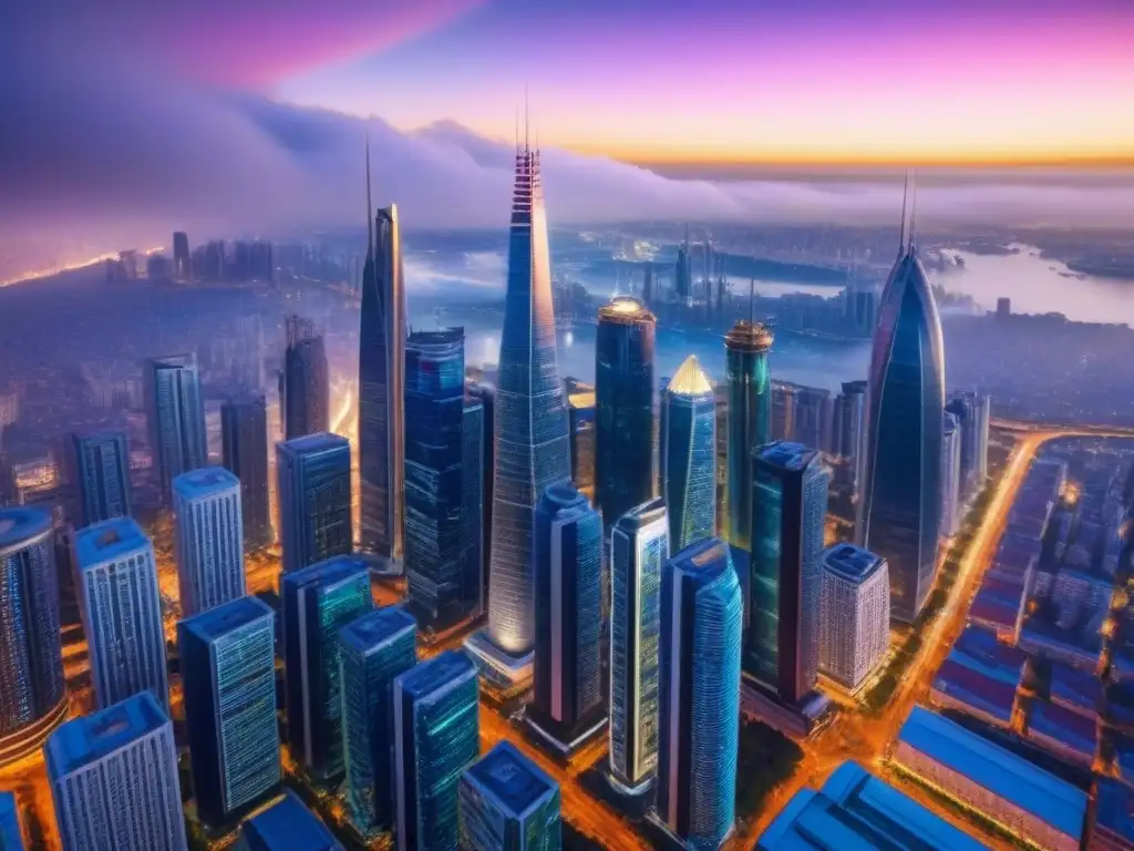 Metrópolis futurista: oportunidades de inversión inmobiliaria global Vibrante skyline de una ciudad futurista, ideal para inversión global mercado inmobiliario