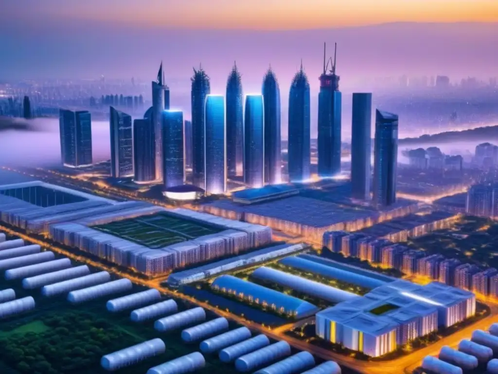 Skyline futurista: ciudad inteligente y sostenible al anochecer Vibrante skyline de una ciudad inteligente futurista al anochecer, con rascacielos verdes y eficiencia energética
