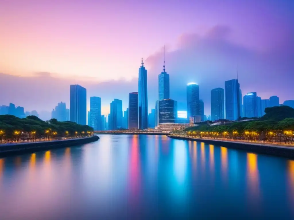 Horizonte urbano moderno al atardecer: metrópoli vibrante y cosmopolita Vibrante skyline de ciudad al anochecer con rascacielos iluminados y reflejos en el río