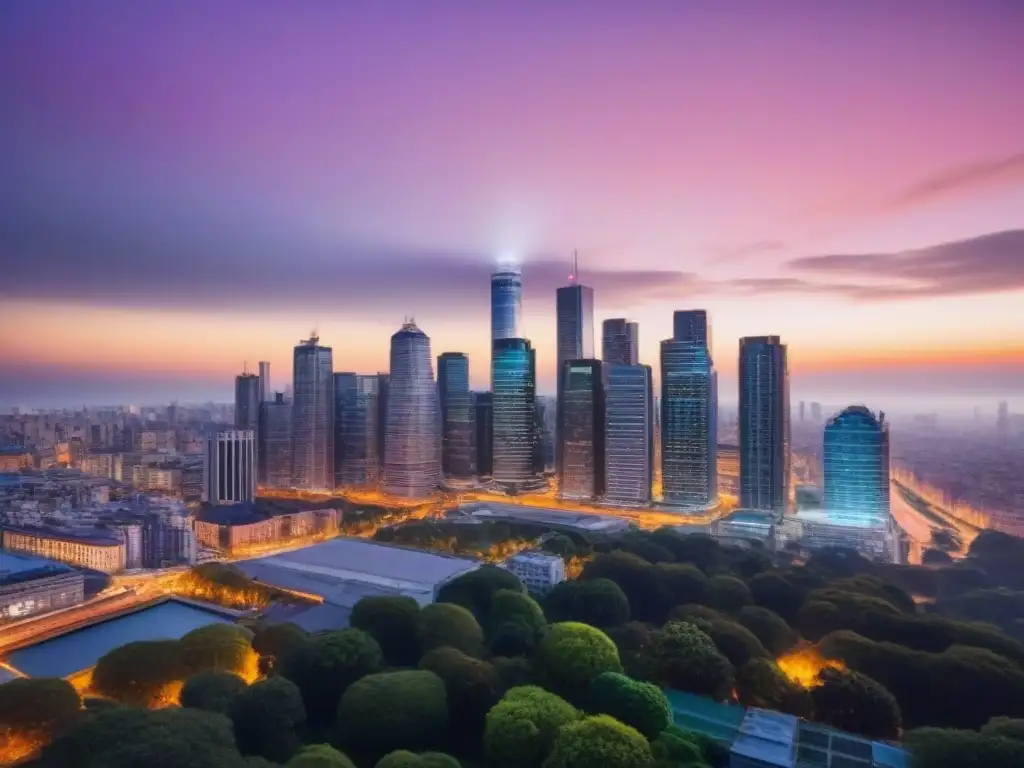 Horizonte urbano nocturno: modernos rascacielos iluminados Vibrante skyline de ciudad al anochecer, con rascacielos iluminados