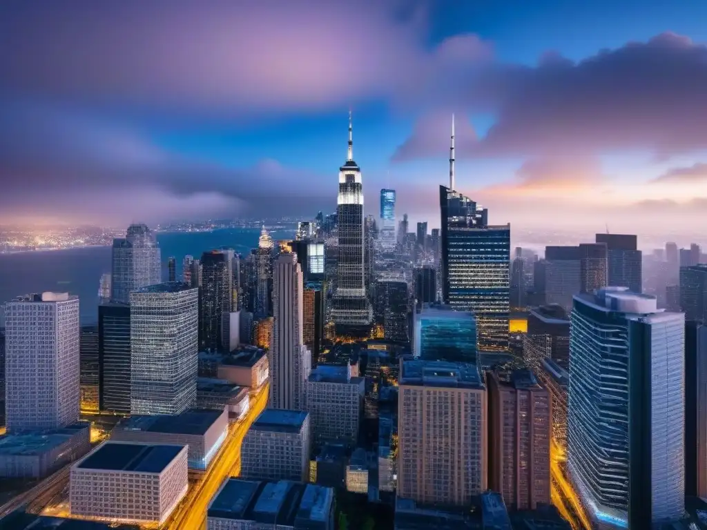 Horizonte urbano vibrante al anochecer: mercado inmobiliario en auge Vibrante skyline de una ciudad al anochecer, reflejo de la inversión inmobiliaria en mercados maduros