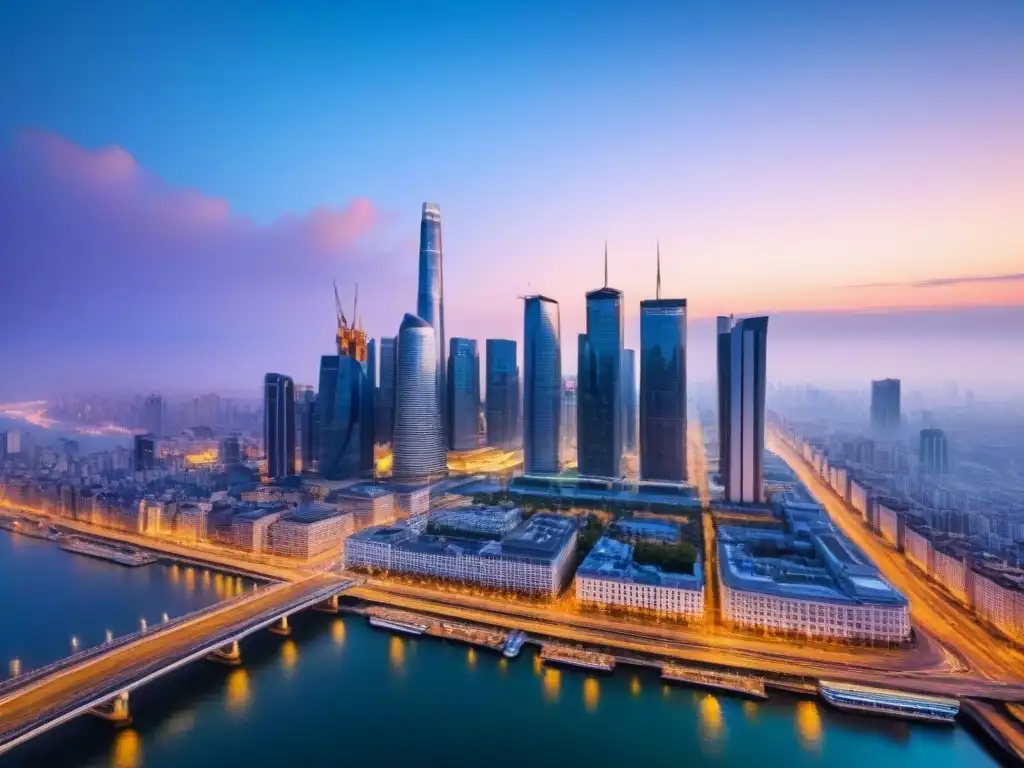 Espectacular ciudad moderna al anochecer: metrópolis vibrante y innovadora Vibrante skyline de ciudad al anochecer, reflejo de estrategias branding inmobiliario mercados internacionales
