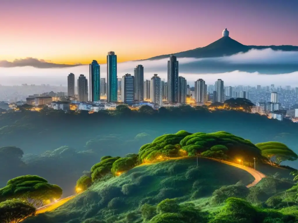 Skyline vibrante de ciudades latinoamericanas: modernidad y naturaleza Vibrante skyline de ciudades latinoamericanas con rascacielos iluminados al anochecer