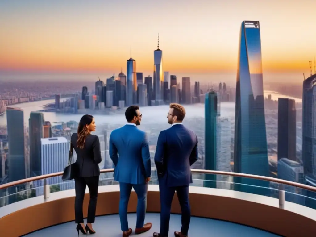 Inversionistas en terraza de lujo: oportunidad de inversión inmobiliaria Un vibrante skyline emergente con inversores internacionales en una lujosa terraza, reflejando oportunidad y crecimiento
