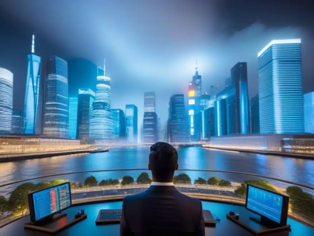 Horizonte financiero global: ciudad moderna y profesionales diversificados Vibrante skyline financiero global con regulaciones financieras inmobiliarias