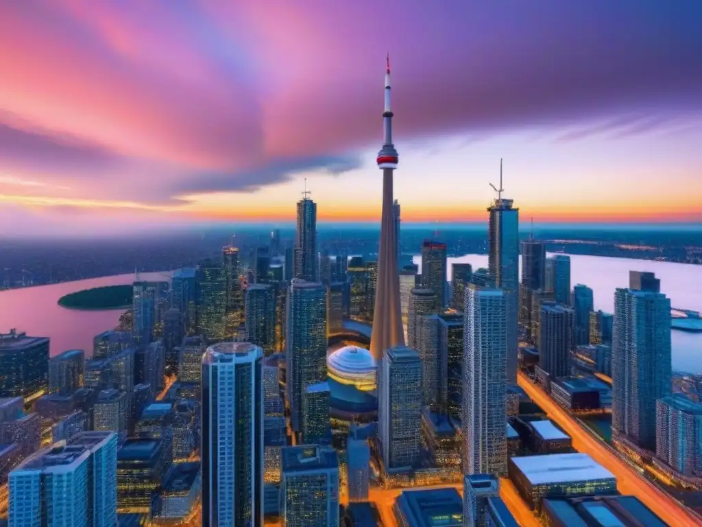 Horizonte futurista de Toronto al atardecer: CN Tower y modernidad urbana Vibrante skyline futurista de Toronto al atardecer con la CN Tower y modernos rascacielos