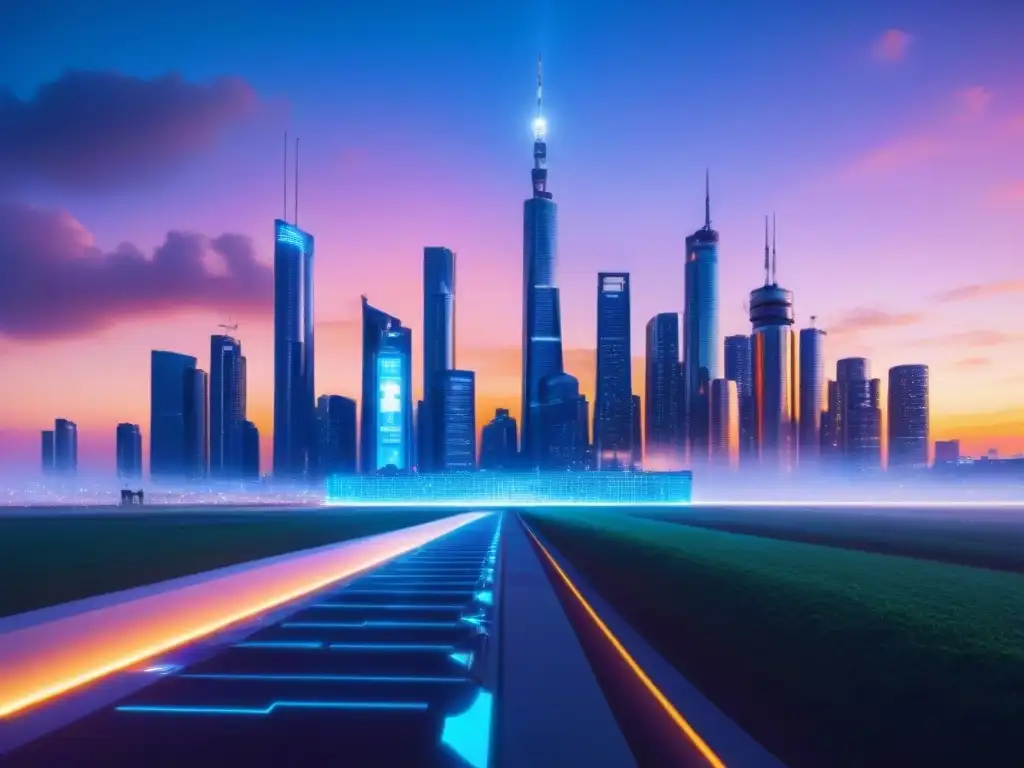 Horizonte futurista con blockchain y criptomonedas Vibrante skyline futurista al atardecer con rascacielos digitales y símbolos de criptomonedas en el aire