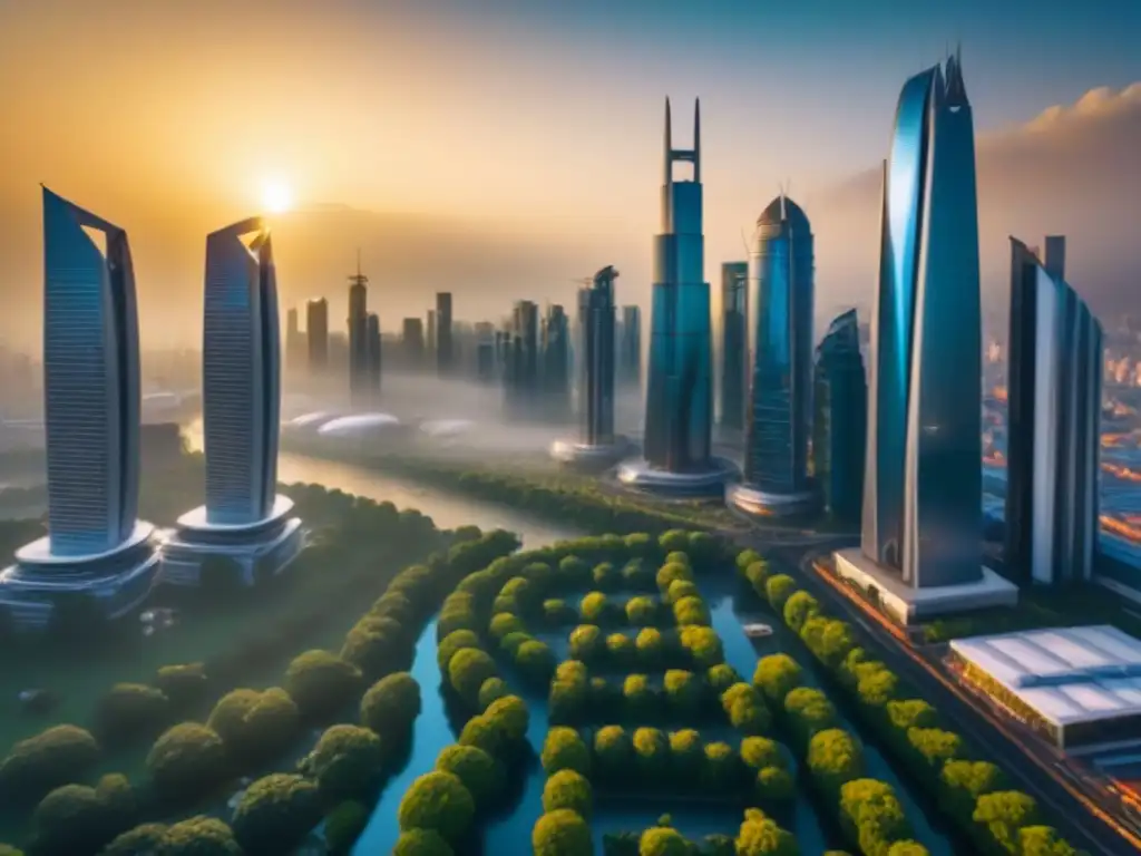 Horizonte futurista: ciudad emergente con arquitectura innovadora y naturaleza exuberante 'Vibrante skyline futurista en ciudad emergente, símbolo de inversión inmobiliaria en mercados emergentes futuros