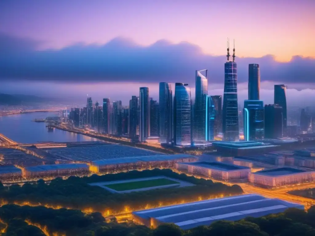 Futurismo urbano: ciudad vibrante con rascacielos iluminados Vibrante skyline futurista al anochecer con desarrollos inmobiliarios integrados internacionales