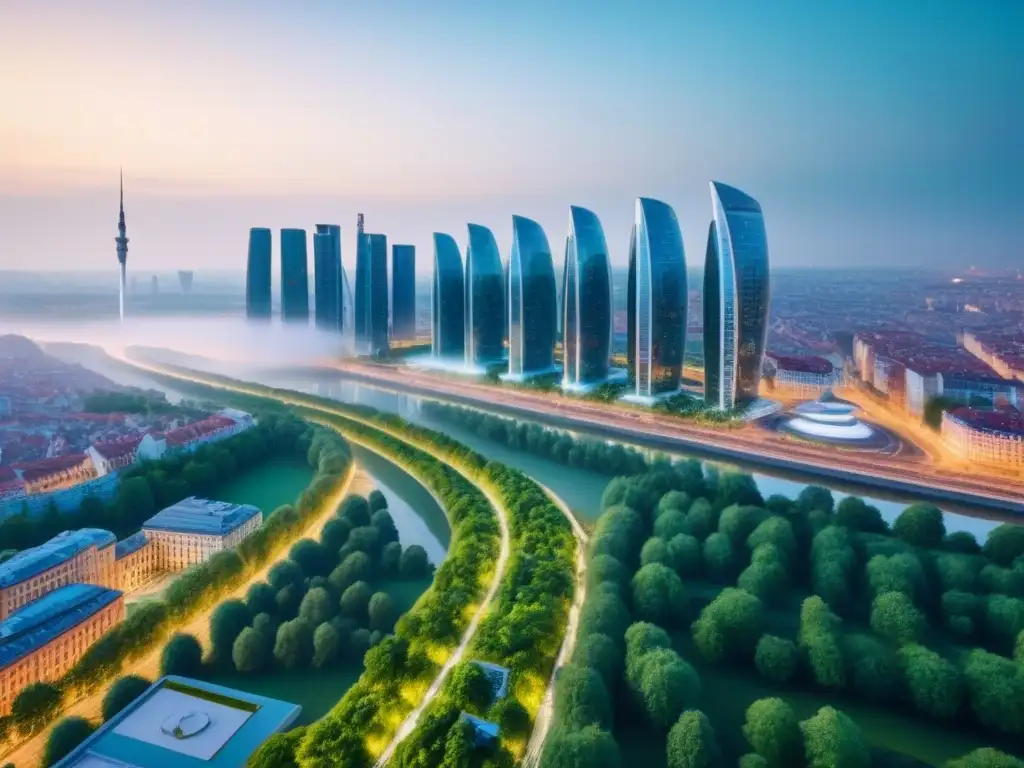 Horizonte futurista: diseño urbano sostenible en Europa del Este 'Vibrante skyline futurista en Europa del Este, con diseño urbano innovador y sostenible