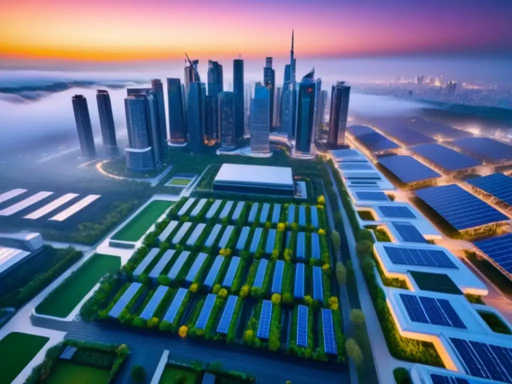 Skyline futurista: arquitectura sostenible y tecnología energética Vibrante skyline futurista con edificios energía cero rentables internacionalmente, naturaleza y diseño vanguardista