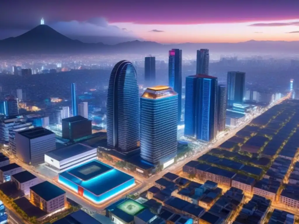 Horizonte futurista de México: luces neón y arquitectura innovadora Vibrante skyline futurista en México, ideal para inversionistas globales mercado inmobiliario México