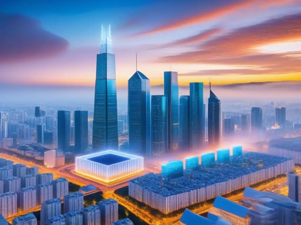 Horizonte urbano futurista con tecnología blockchain Vibrante skyline futurista con integración de Blockchain en inversión inmobiliaria internacional