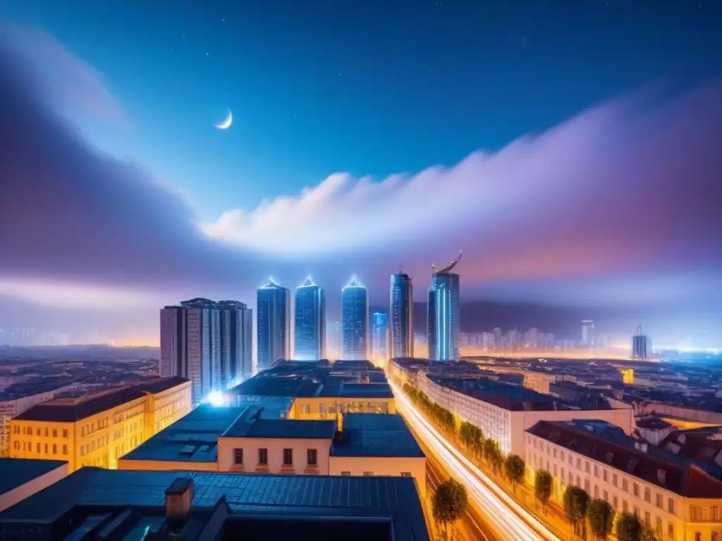 Horizonte futurista en Europa del Este: arquitectura innovadora y próspero mercado inmobiliario Vibrante skyline futurista en Europa del Este, inversión inmobiliaria próspera bajo las estrellas
