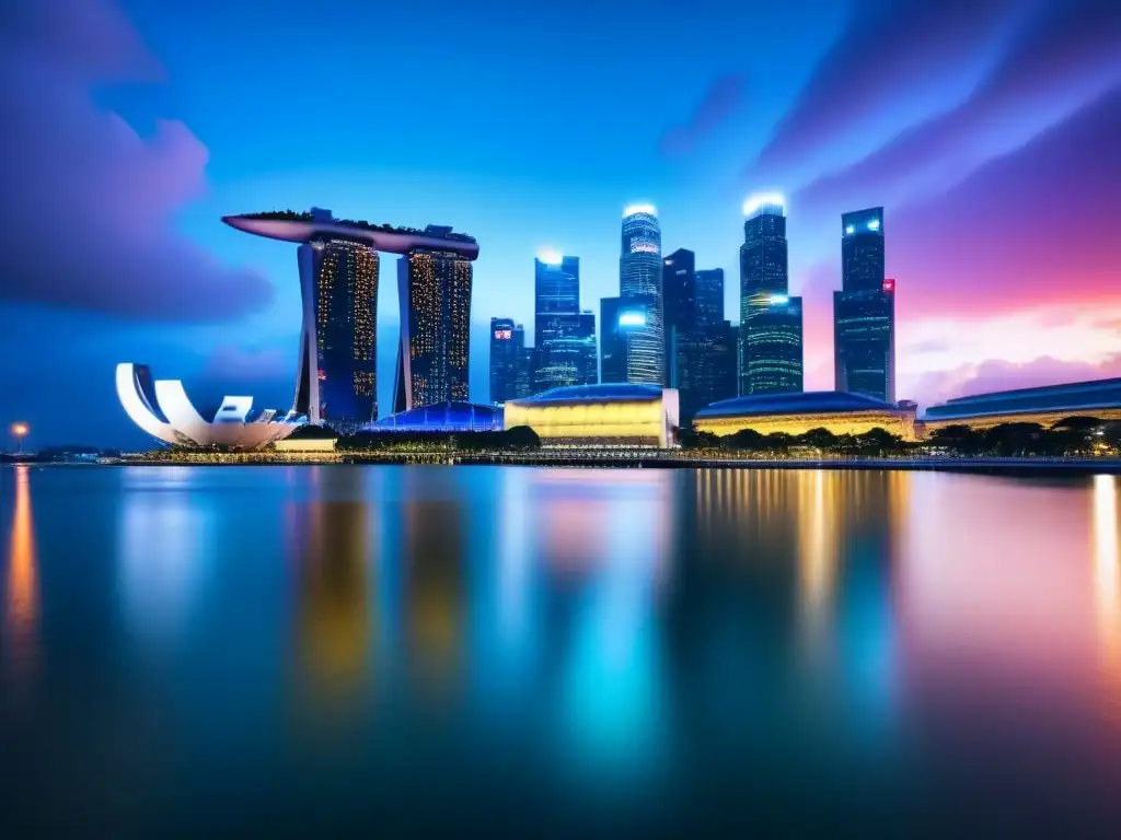 Horizonte futurista de Singapur: Marina Bay Sands y luces nocturnas Vibrante skyline futurista de Singapur de noche, con Marina Bay Sands iluminado y luces de la ciudad reflejadas en el agua