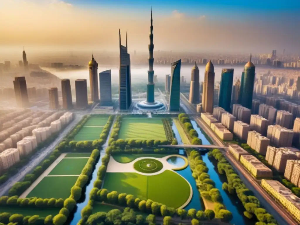 Horizonte futurista de El Cairo: metrópolis en evolución Vibrante skyline futurista de El Cairo con rascacielos modernos y parques verdes, reflejando el auge de las inversiones inmobiliarias en Egipto
