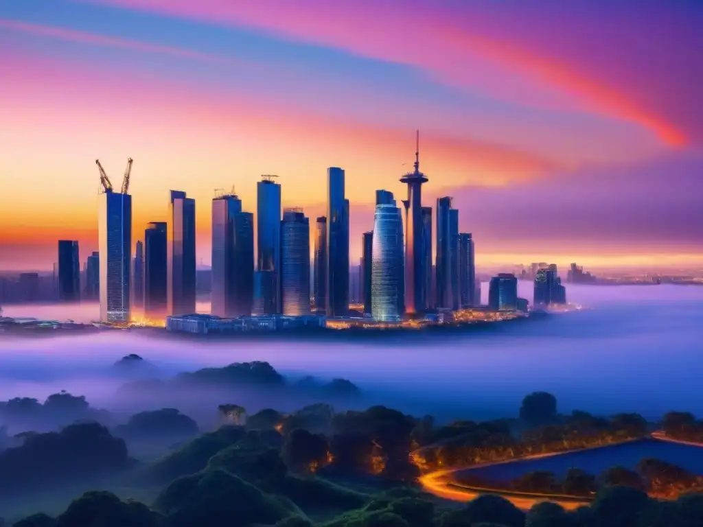 Horizonte urbano futurista: impacto de regulaciones en inversiones globales Vibrante skyline futurista con rascacielos en puesta de sol, representando regulaciones construcción inversiones internacionales