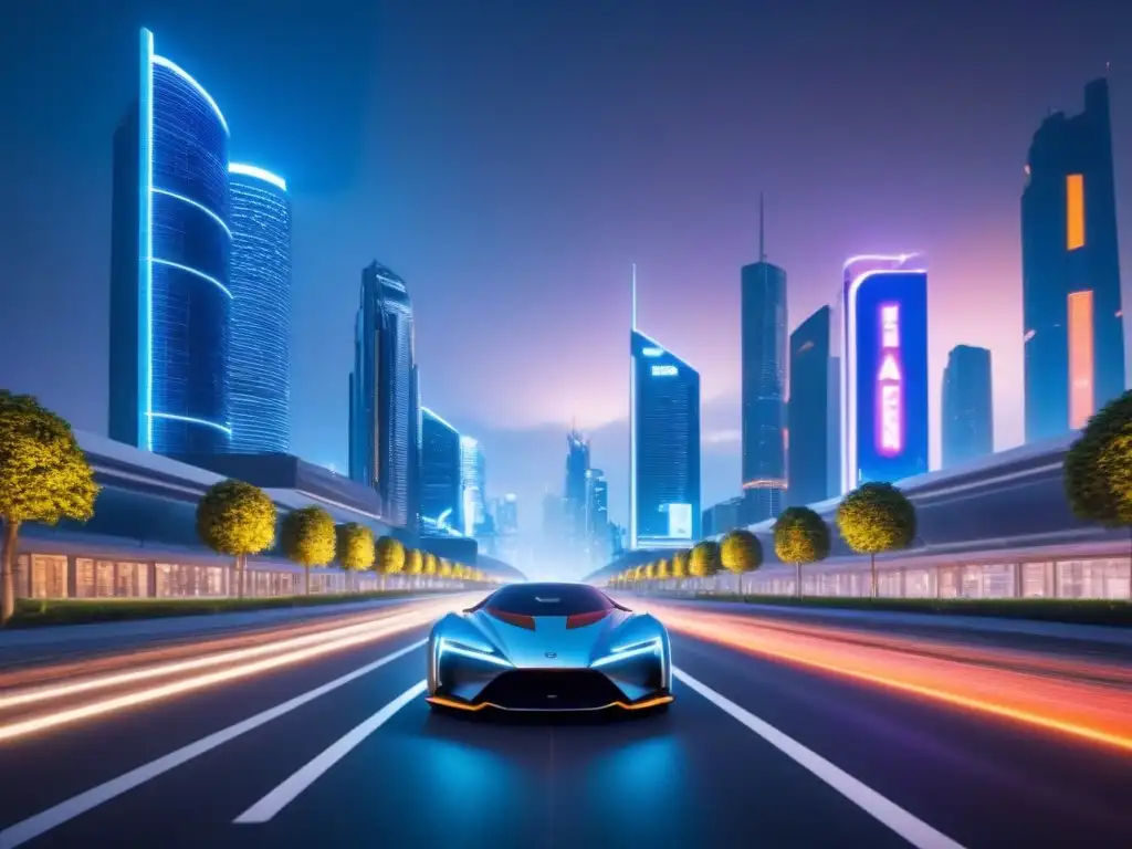 Cityscape futurista con smart contracts inmobiliarios Vibrante skyline futurista con rascacielos modernos, carteles digitales y autos voladores