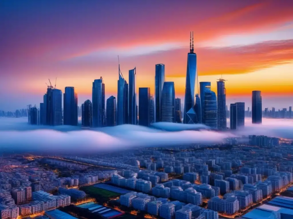 Metrópolis futurista: mercado inmobiliario en evolución Vibrante skyline futurista reflejando el sol, simbolizando el riesgo de fluctuaciones cambiarias en el mercado inmobiliario