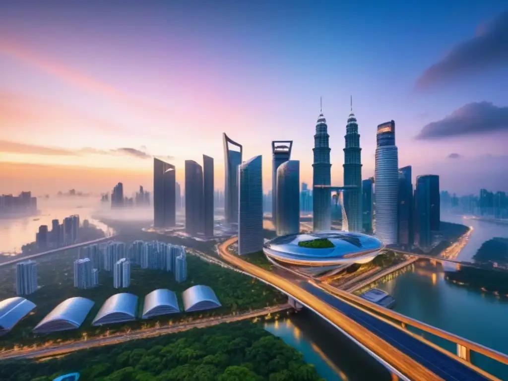 Horizonte futurista de Asia: ciudad sostenible con drones y puentes Vibrante skyline futurista del sudeste asiático con megaproyectos inmobiliarios sudeste asiático en atardecer innovador