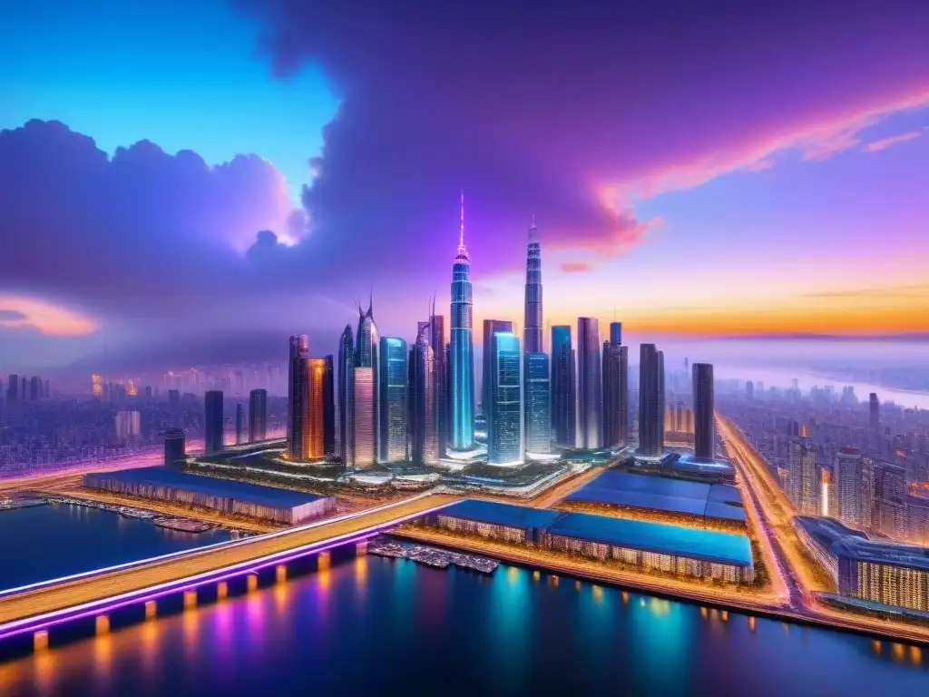 Metrópolis futurista 8k con rascacielos tecnológicos al anochecer Vibrante skyline futurista con tecnología avanzada y diseño eficiente, simbolizando el financiamiento inmobiliario internacional tecnología