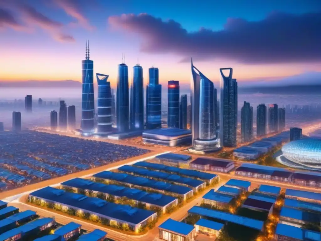 Futurista ciudad inteligente: metrópolis digital en crepúsculo Vibrante skyline futurista con IoT