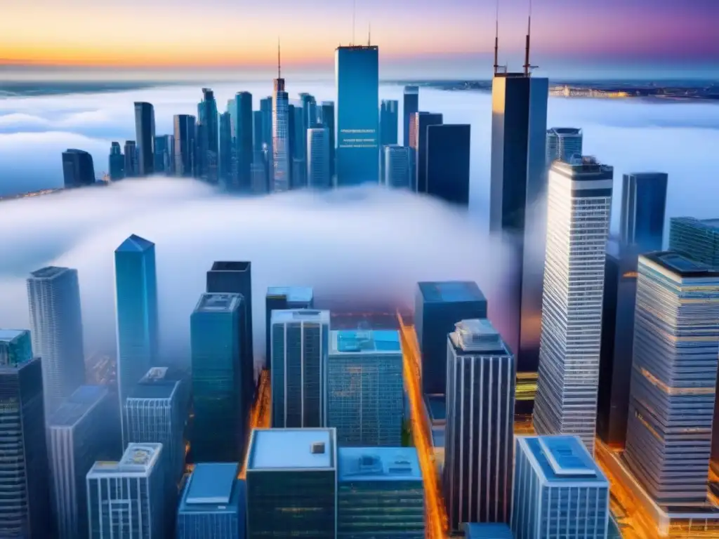 Skyline global de REIT: Inversiones internacionales prósperas Un vibrante skyline global con rascacielos icónicos, reflejando los beneficios de invertir en REITs en un entorno profesional y dinámico