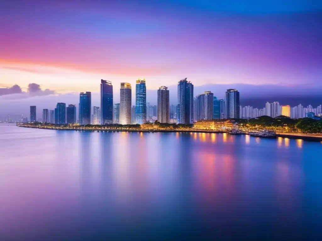 Espectacular skyline de Manila al anochecer Vibrante skyline de Manila al anochecer, con rascacielos iluminados reflejándose en Manila Bay