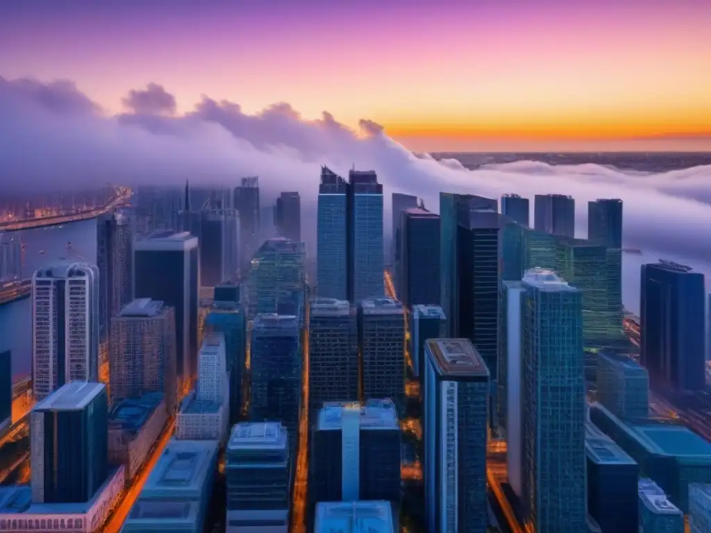 Horizonte urbano de rascacielos modernos al atardecer Vibrante skyline moderno al atardecer, reflejando el mercado inmobiliario en una ciudad internacional