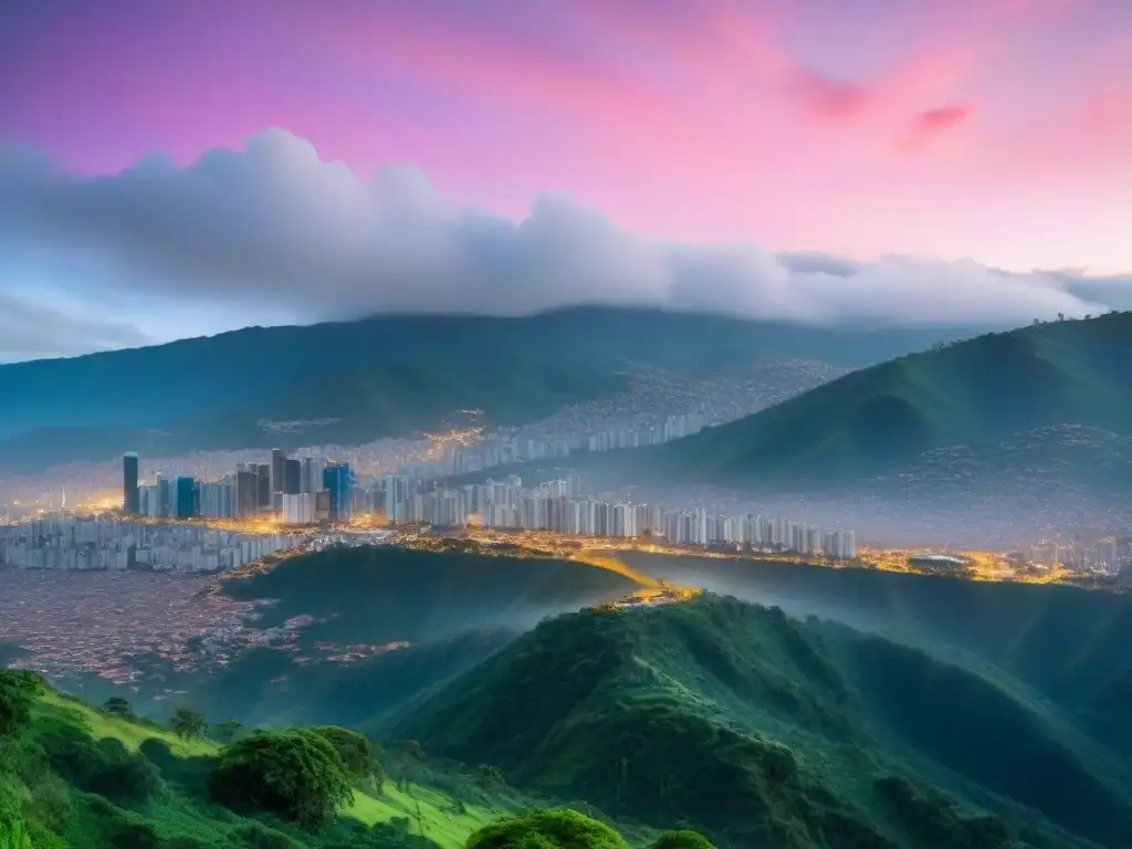Medellín al anochecer: modernidad y naturaleza en armonía Vibrante skyline de Medellín al anochecer, fusionando modernos rascacielos con la exuberante naturaleza