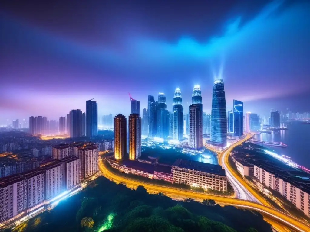 Metrópolis asiática nocturna: luces y rascacielos vibrantes Vibrante skyline nocturno de una bulliciosa ciudad asiática con rascacielos iluminados en colores brillantes y calles llenas de luces