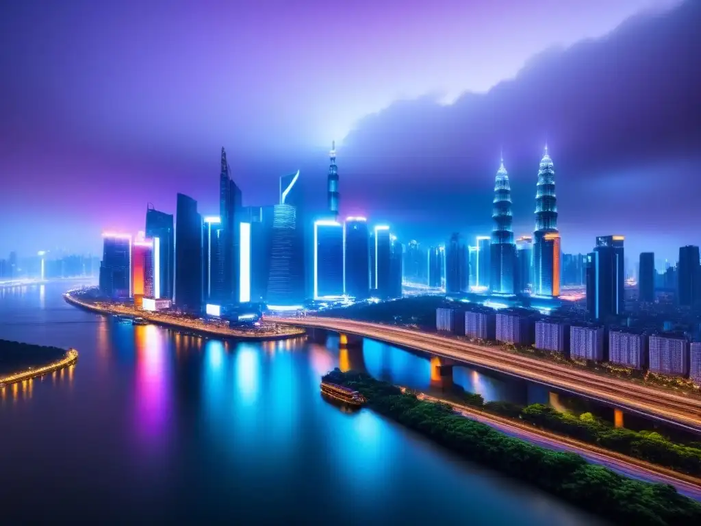 Skyline futurista: luces neón en ciudad nocturna Vibrante skyline nocturno de ciudad futurista con luces neón y rascacielos reflejados en un río, símbolo de inversiones inmobiliarias internacionales tecnología