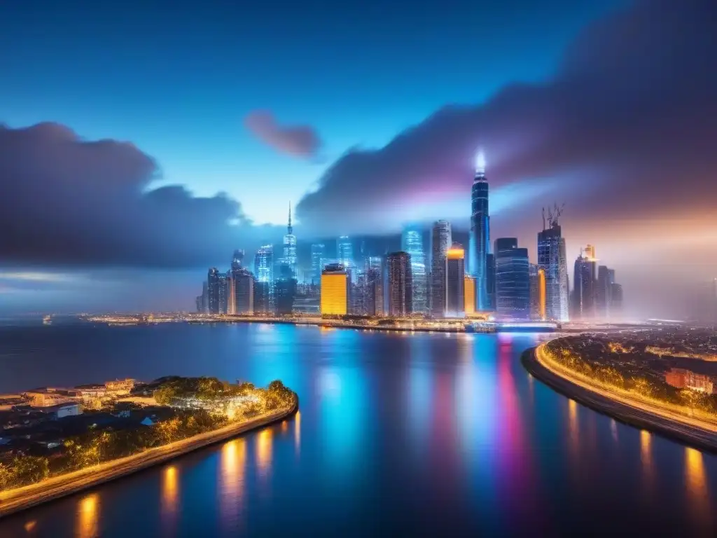 Skyline urbano vibrante: luces de la ciudad en 2023 Vibrante skyline nocturno de una ciudad con rascacielos modernos iluminados, reflejados en un río tranquilo
