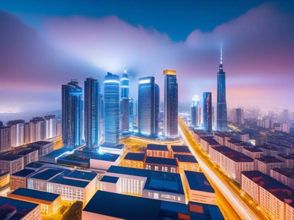 Skyline nocturna de ciudad futurista 8k: inversión global en PropTech Vibrante skyline nocturno de una ciudad futurista con rascacielos iluminados por luces LED