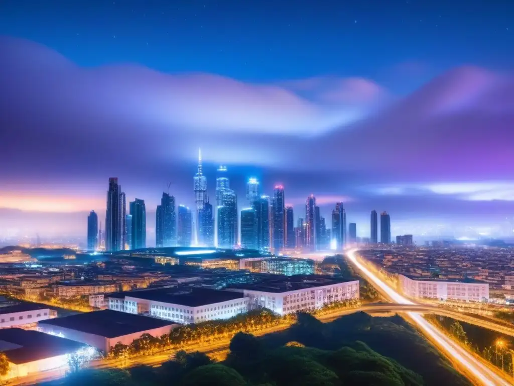 Skyline futurista: Integración de la automatización en M&A Vibrante skyline nocturno de ciudad futurista, con rascacielos modernos iluminados y líneas de luz interconectadas, simbolizando la automatización en M&A inmobiliario