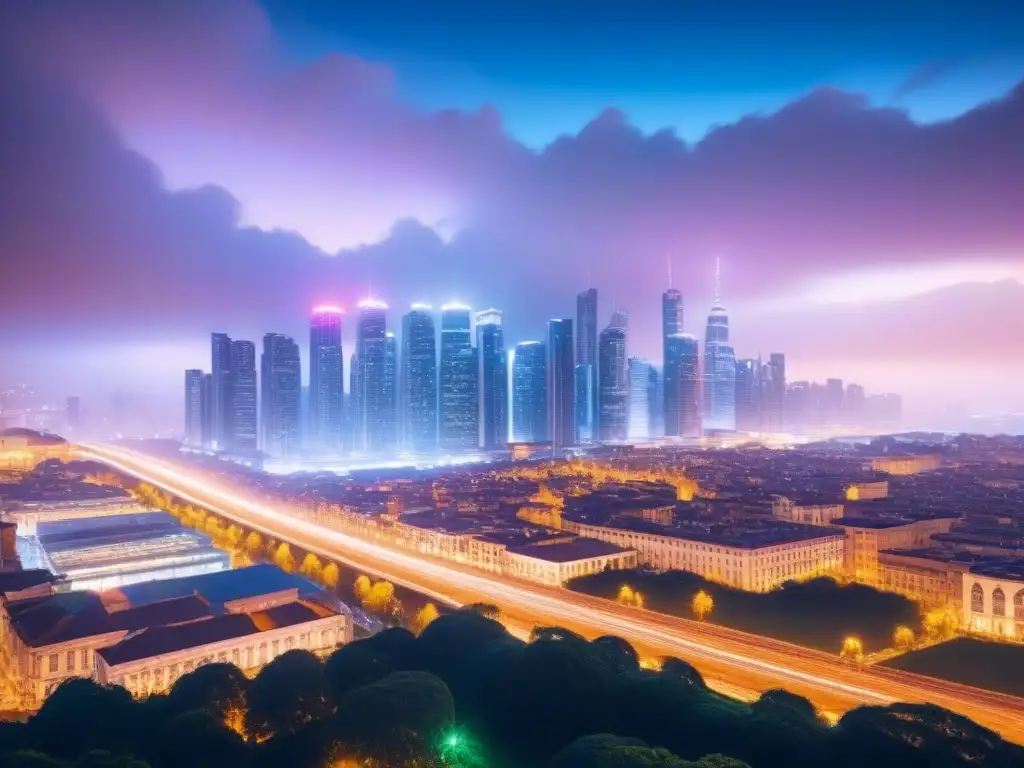 Skyline nocturno: luces vibrantes en la ciudad globalizada Vibrante skyline nocturno de una ciudad globalizada con impacto en la demanda de propiedades comerciales