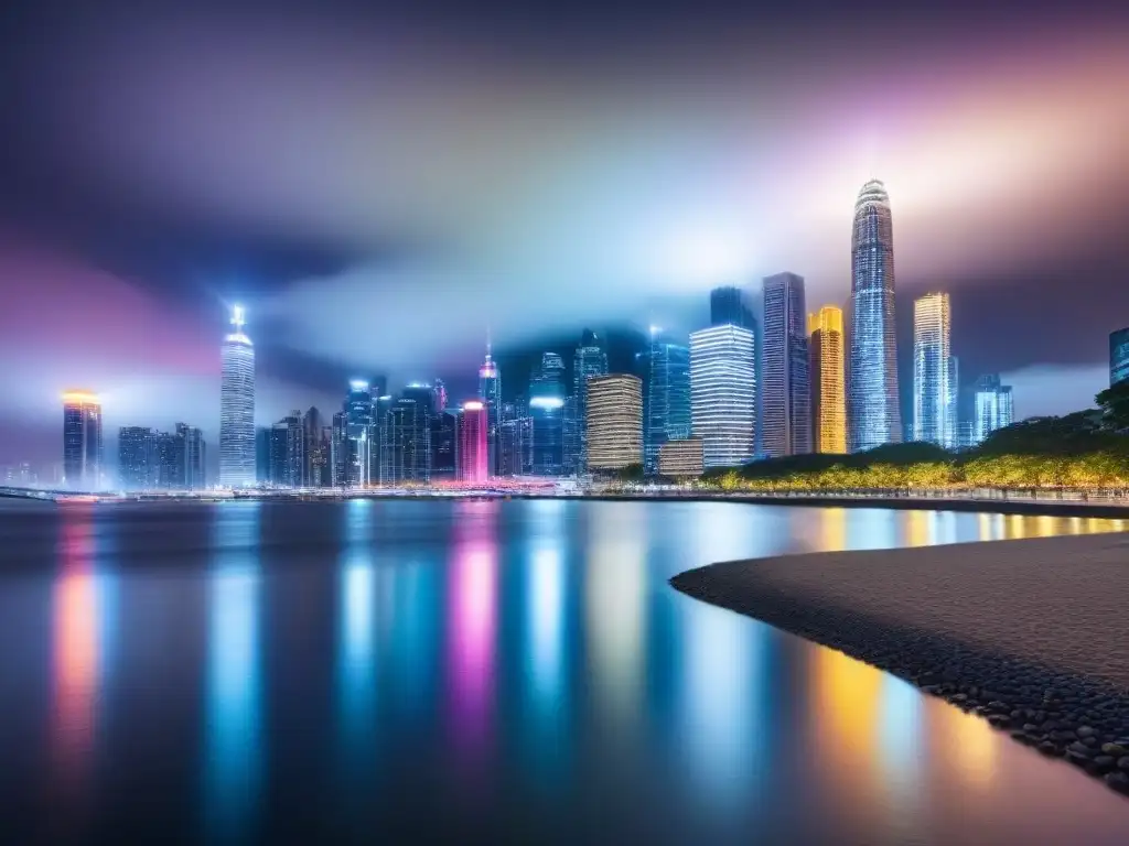 Horizonte nocturno: luces vibrantes en ciudad moderna Vibrante skyline nocturno de una ciudad, reflejada en el río, transmite la duración inversión inmobiliaria mercado emergente