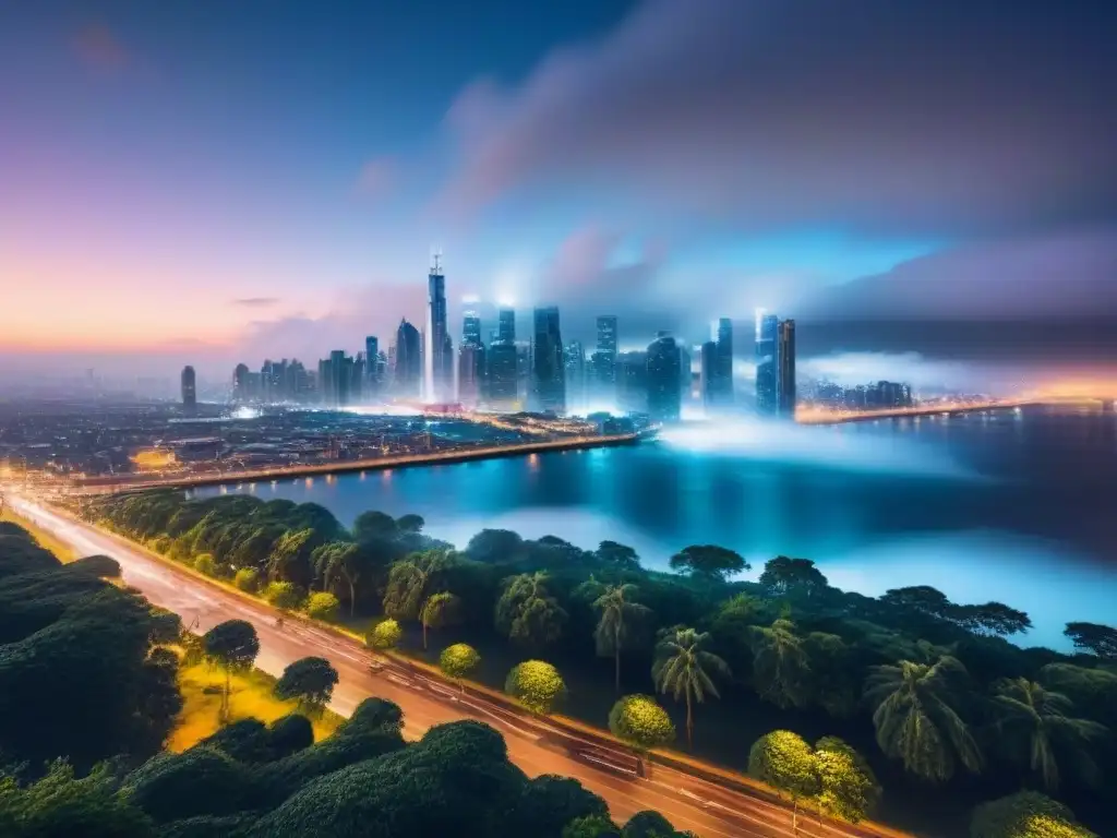 Horizonte urbano de noche: luces vibrantes y modernos rascacielos Vibrante skyline nocturno de una ciudad en crecimiento, reflejando la dinámica del mercado inmobiliario en economías emergentes